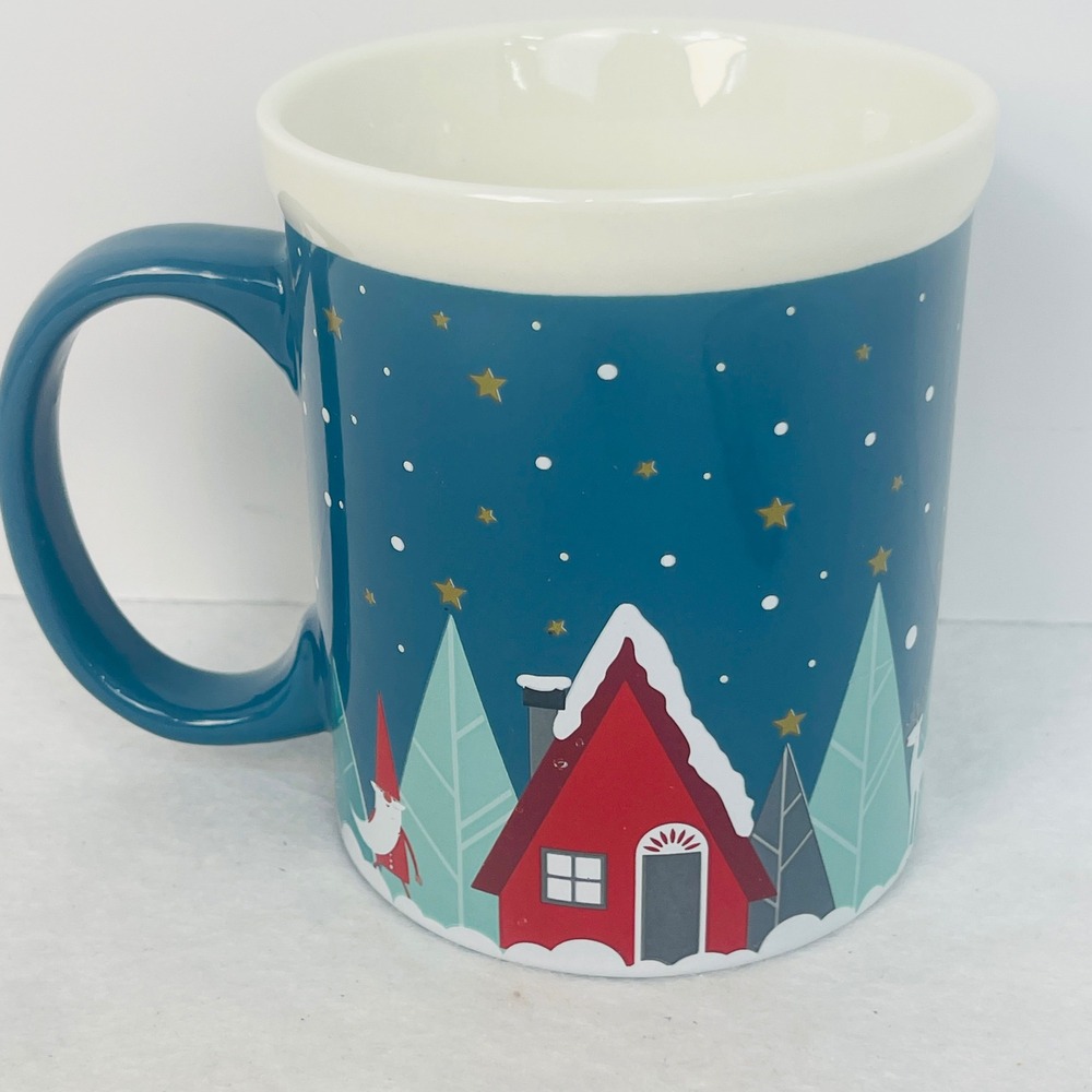 DesignPac Warm Winter Wishes Holiday Mug Teal Blue Christmas Gnome Reindeer Hous